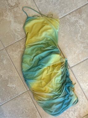 Gradient Yellow-Green-to-Blue Ruched Slip Dress